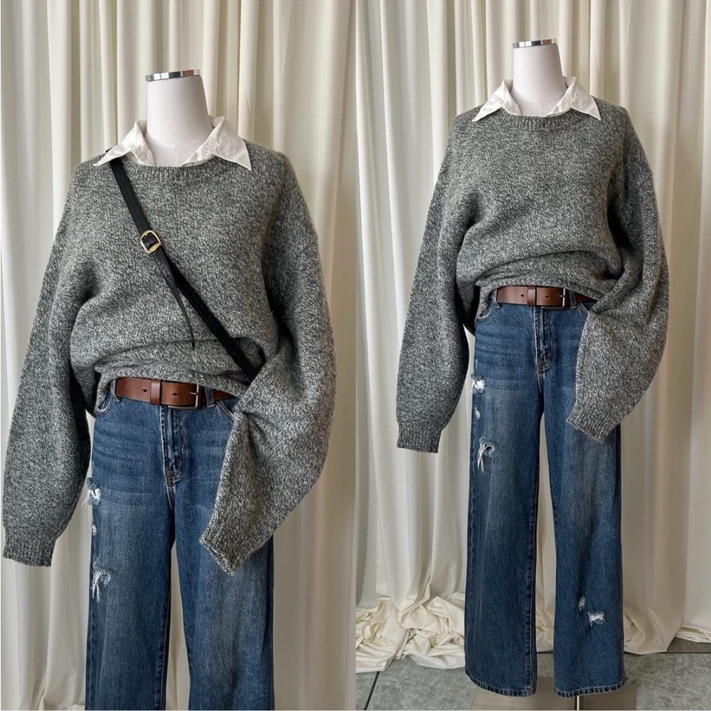 Vintage 90s Lands' End Green Marled Wool Crewneck Sweater |Cozy Grandpacore Knit - Picture 3 of 10